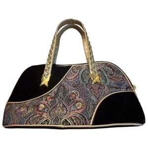 Yani Black Velvet & Gold Paisley Handbag With Decorative Straps & Elegant Detail